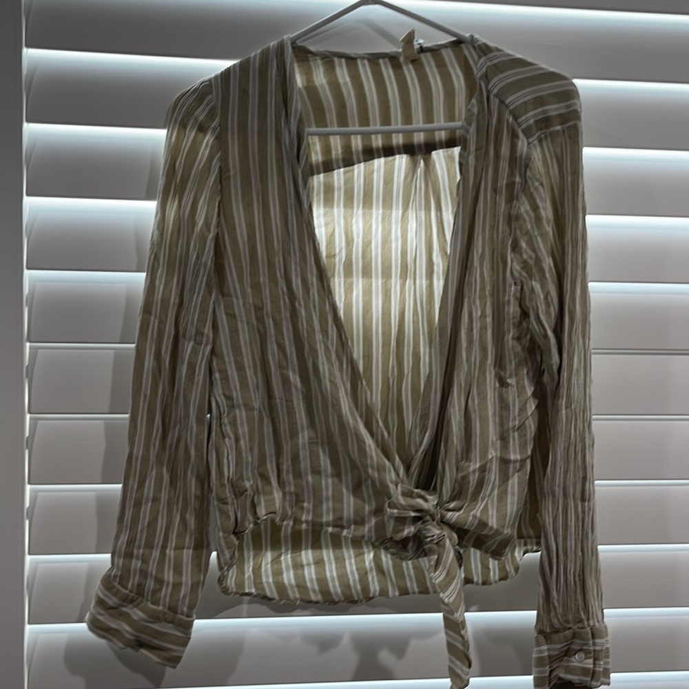 Open Tie Striped Blouse tan and white